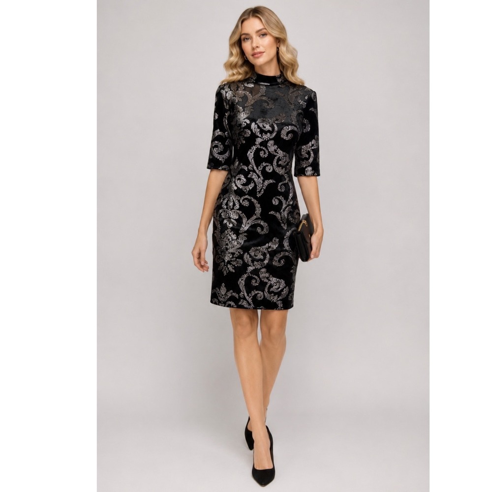 NWT Joseph Ribkoff Dress‎ Women 12 Metallic Silver Black Velvet Damask Mock Neck